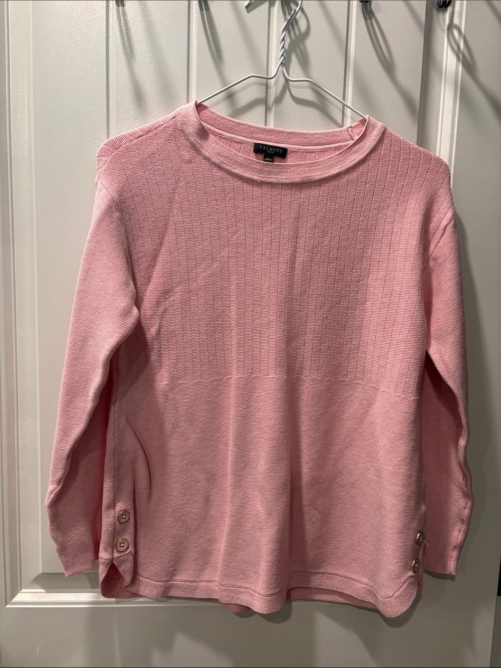 Talbots Light Pink Ribbed-Panel Crewneck Sweater with Side Buttons
